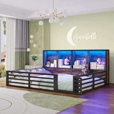 A child's bedroom with a bed, nightstand, and decorative elements.