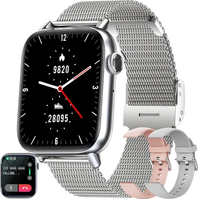 Produktbild von Damen-Smartwatch mit Telefonfunktion,1,85-Zoll-Touchscreen-Tracker mit Herzfrequenzmesser, Schlafmonitor, wasserdichte Fitness für Android IOS Silber