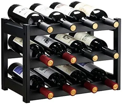 Image de Rangement à vin - Étagère à vin à 3 niveaux pour 12 bouteilles - Rangement à vin robuste de couleur noire, idéal pour la cuisine ou la cave