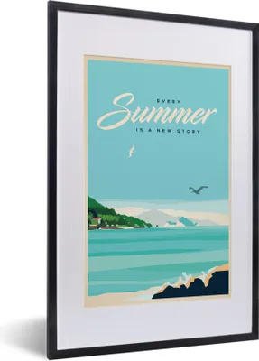 Produktbild von MuchoWow® MuchoWow® Gerahmtes Poster Vintage-Illustration Urlaub am Meer 40x60 cm - Poster mit zchwarzem Bilderrahmen - Poster in Rahmen