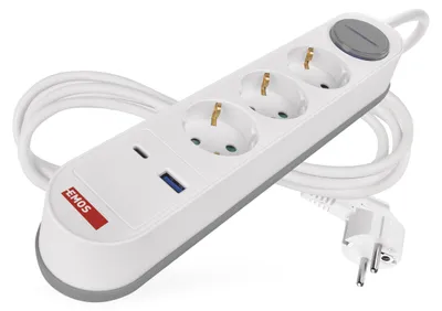 Productafbeelding van EMOS - Meervoudige stekkerdoos met 3 stopcontacten en USB-sneloplaadfunctie, 2 meter kabel