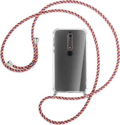 Produktbild von Handykette Backcover-Schutzhülle mit Band (Metall silberfarben) für Nokia 6.1 - weinrot/gelb/grau