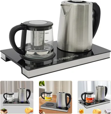 A collage of images showing a tea maker set with an electric kettle and a glass teapot with an infuser, placed on a heating base with a touch control panel. The collage also includes smaller images of the tea set in use with tea, and a slice of cake and so
