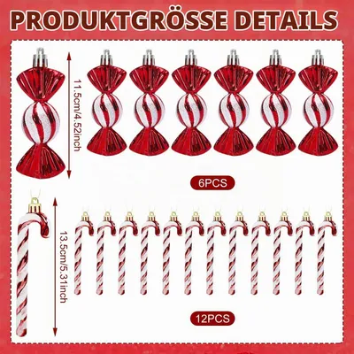 Image de Décorations de Noël en forme de bâtonnets de sucre, 18 pièces, rouge, avec paillettes, ornements pour sapin de Noël, pendentifs, 13,5 cm, plastique