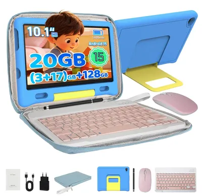 Produktbild von JENBIZZ Kinder Tablet 10 Zoll, 20 GB RAM, 128 GB, 8MP Kamera, 5000 mAh, Android 15, WiFi 6, mit Tastatur/Maus/Stift/Tasche