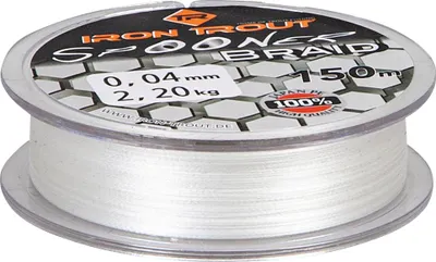 A spool of white fishing line on a clear plastic spool, with product information printed on the spool's label.