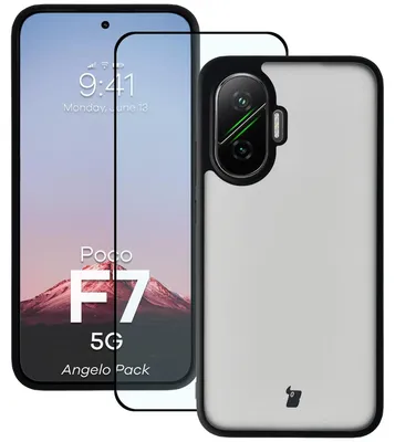 Produktbild von Schutzhülle + gehärtetem Glas Bizon Angelo Pack für Xiaomi POCO F7, Getönte mit schwarzem Rahmen