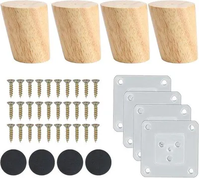 Produktbild von Holzbeine für Sofa, Bett, Schrank, Tische und Stühle, 6cm, mit Montageplatte, Schrauben und Anti-Rutsch-Matte, schräge Beine