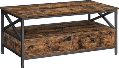 A coffee table with a rustic wood finish and black metal frame, featuring two drawers and an open shelf.