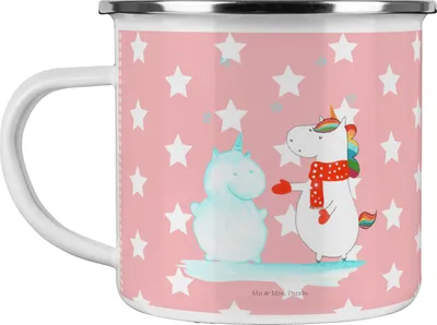 Produktbild von Mr. & Mrs. Panda Teetasse Einhorn Schneemann - Rot Pastell - Geschenk, becher emaille, Tasse, Winter, Pott, Emailletasse, Schnee, Weihnachten, Teebecher, Mütze, Unicorn
