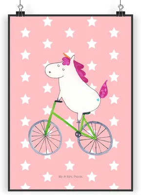 Produktbild von Mr. & Mrs. Panda Bild Einhorn Radfahrer DIN A5 - Rot Pastell - Geschenk, Unicorn, Einhörner, Radfahren, wanddeko, Wandbild, drucke, Plakat, Bike, Wandschmuck