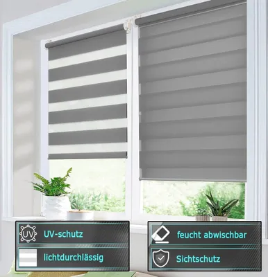 Produktbild von Doppelrollo Klemmfix ohne Bohren Rollo mit Kassette Zebrarollo Duo Fensterrollo Grau 80cmX220cm