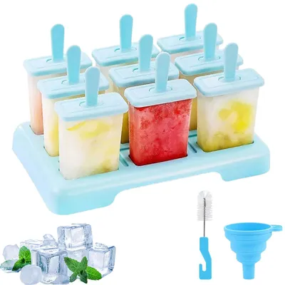 Eis am Stiel Form, 9 Fächer, mit Bürste und Trichter, Blau