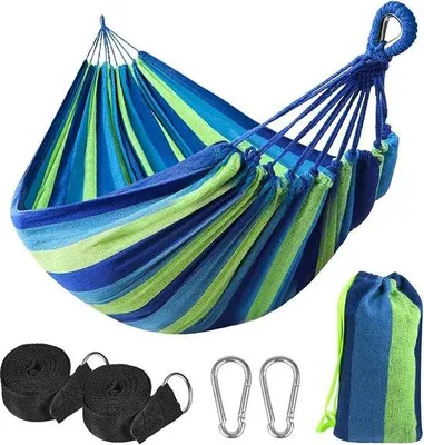 Productafbeelding van Hangmat voor buiten - Lichtgewicht katoenen hangmat, 210 x 150 cm - Draagvermogen tot 300 kg - Draagbaar en duurzaam - Geschikt voor terras, tuin en kamperen