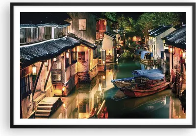 Produktbild von Gerahmtes Poster - Schwarzer Rahmen - Chinesisch Stadt Nacht - 91,5x61 cm - Wand Bild - Wanddeko - Wandbilder - Kunstposter - Wandposter - Bilderrahmen - Bilder - Kunstdruck - P2BAA91x61-4657