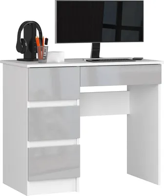 Produktbild von Akord Schreibtisch 3 Schubladen Links Weiß Hochglanz/Metallic 90X50X77 Cm