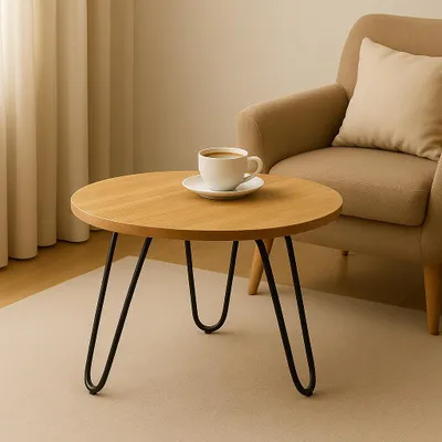 Image de Table basse ronde, chêne naturel, 50 cm, pieds métalliques, design classique-moderne