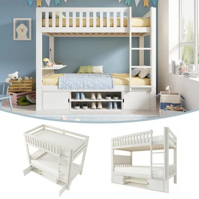Productafbeelding van Stapelbed met 2 matrassen van 90x200 cm, voorzien van een uitslaapkast, schoenenrek, kasten en een lattenbodem. Kinderbed gemaakt van grenenhout, MDF en multiplex, wit