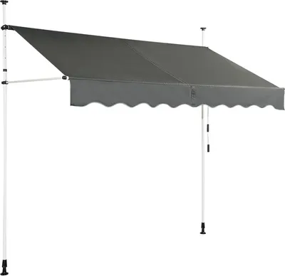 A gray awning supported by white poles, set against a white background.