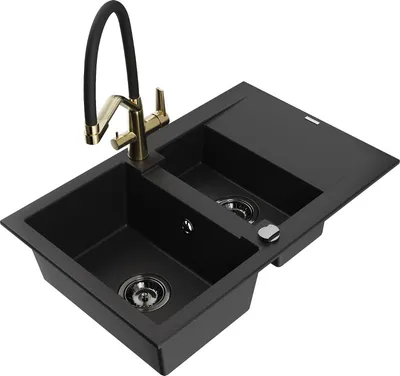 Produktbild von Mexen Gaspar 1,5-Becken-Granitspüle mit Abtropffläche und Mischbatterie Duo, Schwarz - 6507-77-671701-57-B