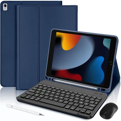 Image de Coque Clavier pour iPad 10,2 Pouces (2019/2020/2021) CuirPolyuréthaneBleu Marine avec Clavier + Stylet + Souris