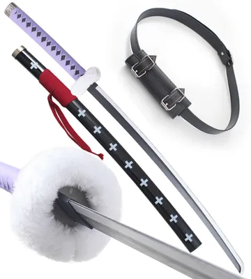 Produktbild von One Piece Holzschwert Trafalgar Law Katana Lila Griff + Schwarzer Gürtel Schwertträger Gürtel