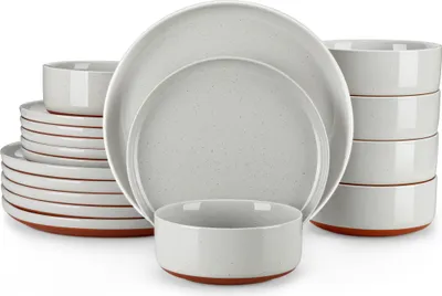 Image de Service de table en faïence, service combiné 18 pièces, set de vaisselle pour 6 personnes, assiettes plates, assiettes à dessert et bols