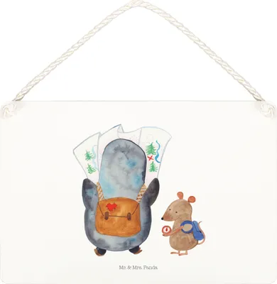 Produktbild von Mr. & Mrs. Panda Schild Pinguin & Maus Wanderer DIN A5 - Weiß - Geschenk, Wandern, Türschild, wandtafel, holzbild, Holzschild, Abenteuer, Wandbild Holz