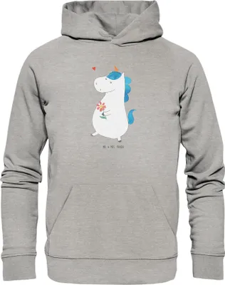 Produktbild von Mr. & Mrs. Panda Nachhaltiger Hoodie Einhorn Spaziergang Größe S - Heather Grey - Geschenk, Unicorn, Freude, Baumwollpulli, Sweatshirt, Blumen, Statement-Hoodie, Pullover