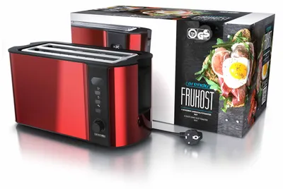 A red toaster and its packaging are displayed on a white background.