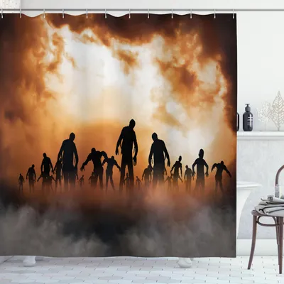 Zdjęcie produktu dla ABAKUHAUS Zasłona prysznicowa Halloween, horror, przerażenie, zombie, mgła w nocy, chmury, zmierzch, grafika, 175 x 180 cm, pomarańczowo-czarna