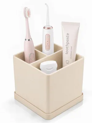 Productafbeelding van Tandenborstelhouder siliconen, 3 compartimenten, beige, 10x10x9 cm, met afvoergaten