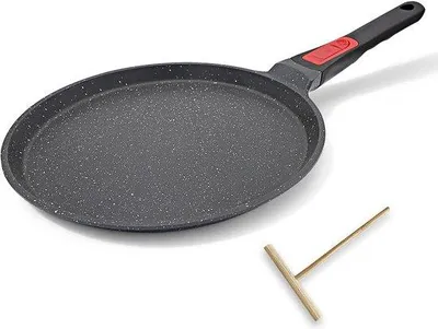 Produktbild von Famanu Crêpepfanne 25 cm mit abnehmbarem Griff - Pfanne für Pfannkuchen mit Teigverteiler - Antihaftbeschichtung - Schwarz