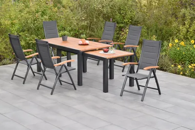 Produktbild von Merxx Gartenmöbelset Paxos 7tlg., 6 Klappsessel, Flex Ausziehtisch 180 (180) x 100 (83) x 80 (74) cm- Aluminium/Akazie/Textil