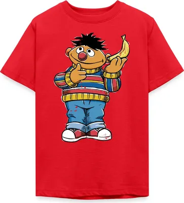 Produktbild von Spreadshirt Sesamstraße Ernie Mit Banane Pose Lustig Used Look Teenager T-Shirt, 134/146 (9-11 Jahre), Rot