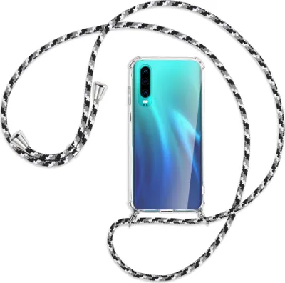Produktbild von Handykette Backcover-Schutzhülle mit Band (Metall silberfarben) für Huawei P30 - schwarz/grau/weiß