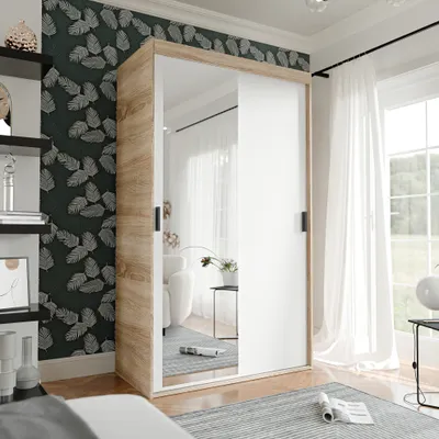 Produktbild von IDOHOME-Zweitüriger Schiebetürenschrank mit Spiegel PEDRI 120 cm mit Regalen und Kleiderstangen Schrank Garderobe Sonoma Weiß schwarze Griffe