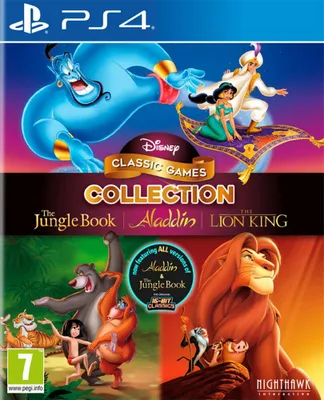 The image is a collage of characters from Disney's Aladdin, The Lion King, and The Jungle Book, presented as a video game cover for the "Disney Classic Games Collection" on PS4.