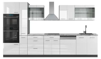 Produktbild von Küchenzeile Vicco R-Line Weiß Hochglanz/Anthrazit 350 cm mit Hochschrank, AP Marmor, Model 49831