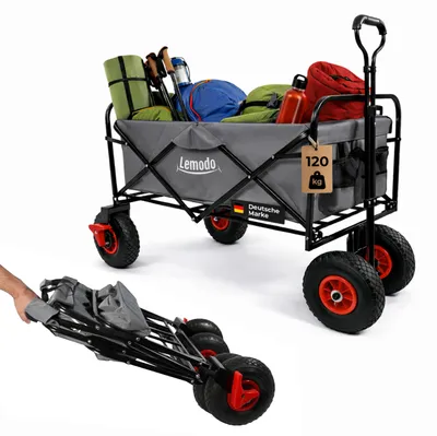 Produktbild von Bollerwagen faltbar, grau, Handwagen mit 120 kg Zuladung, Leiterwagen mit Luftreifen