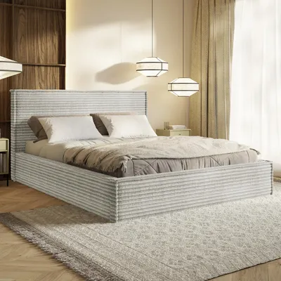 Produktbild von MOTIVENA Boho Polsterbett 180x200 mit Bettkasten, Holz Latttenrost, Bett 180x200 Grau Cord (Tilia 83)