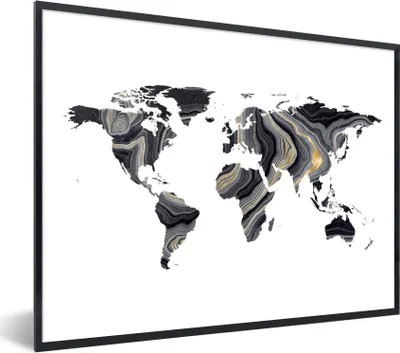 Produktbild von MuchoWow® Gerahmtes Poster Weltkarte - Gold - Linie 80x60 cm - Poster mit Schwarzem Bilderrahmen Wandposter Rahmen Foto Bilder - Schwarzem - Mit Gestell