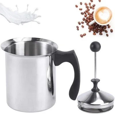 Produktbild von Handmilchschaumer, 800 ml, Edelstahl, Handmilchschaumer, Handschaumer mit Kaffeezugdorn, perfekter Milchschaum dank Doppelsieb und Druckmechanismus