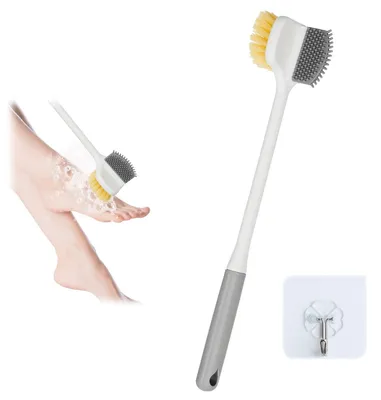 Produktbild von Zehenreiniger mit langem Griff, 35 cm lange Fußwaschbürste, Duschfußbürste mit Borsten, Zehenbürste mit 1 Klebehaken, Fußreinigungsbürste für gespaltene Zehen, geeignet für Senioren, Schwangere und Menschen mit Hexenschuss.