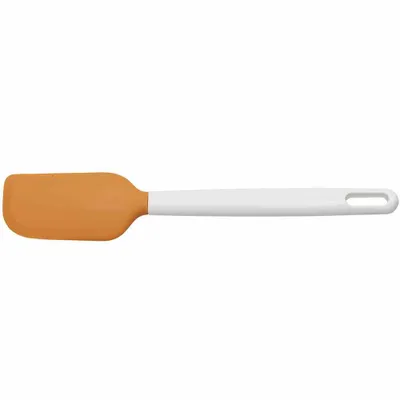 A single orange and white spatula is shown horizontally against a white background.