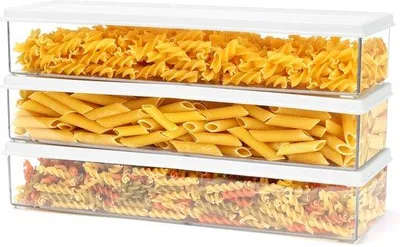 Imagen del producto de Conjunto de 3 recipientes herméticos Unyqoos® – 3 cajas rectangulares para alimentos frescos de 1100 ml (10,5 x 30,5 x 5,5 cm), de PET, transparentes, con tapa hermética, ideales para pasta y alimentos