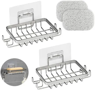 Produktbild von 2 Stück 304 Edelstahl Seifenhalter Dusche, Seifenschale Wandmontage ohne Bohren, Seifenschale Selbstklebend mit Haken & Seifenkissen, Seifenablage für Badezimmer und Küche (Silber)