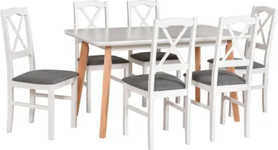 Produktbild von Esstischgarnitur, Esszimmerstühle aus Buchenholz, Esstischen und Stühlen, moderne Esszimmer- und Küchenstühle, mit 6 Stühle-NILO 11+ OSLO 7 weiss