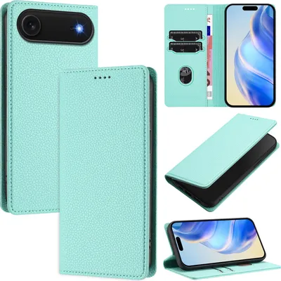 Produktbild von Litchi Leder Handyhülle für iPhone Air Wallet Kartenfächer Standfunktion Hülle Türkis