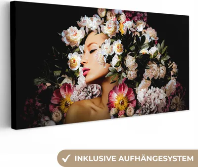 Produktbild von MuchoWow® - Leinwandbilder - Frauen - Blumen - Rosen - Porträt, Wandbild, Wanddeko Bilder Wohnzimmer, 40x20 cm